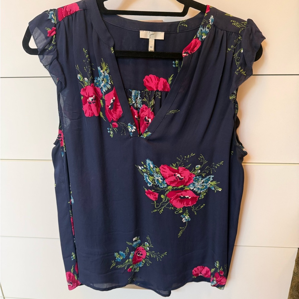 Joie Blue Floral Silk Blouse with Cap Sleeves